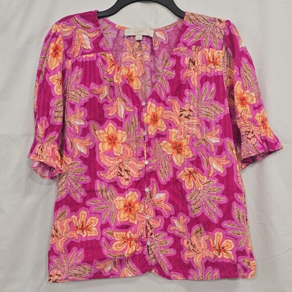 LOFT Tops - LOFT Womens L Pink Orange Floral Button Front 100% Cotton Ruffle Sleeve Blouse